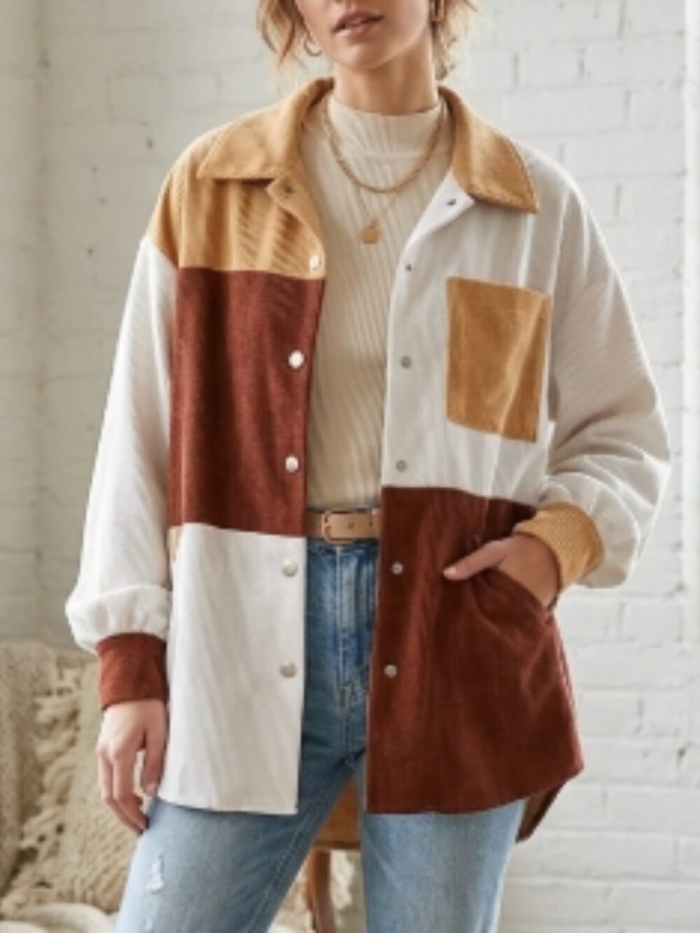 Shein Oversized Colorblock Corduroy Shacket S Mustard Burgundy Retro Cozy Grunge